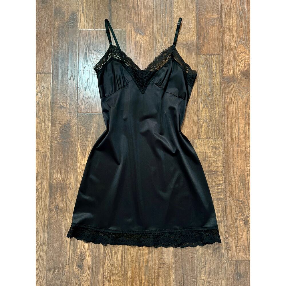 Vintage Nylon Spaghetti Strap Slip Dress - Black Lace Trim Nightgown - Small